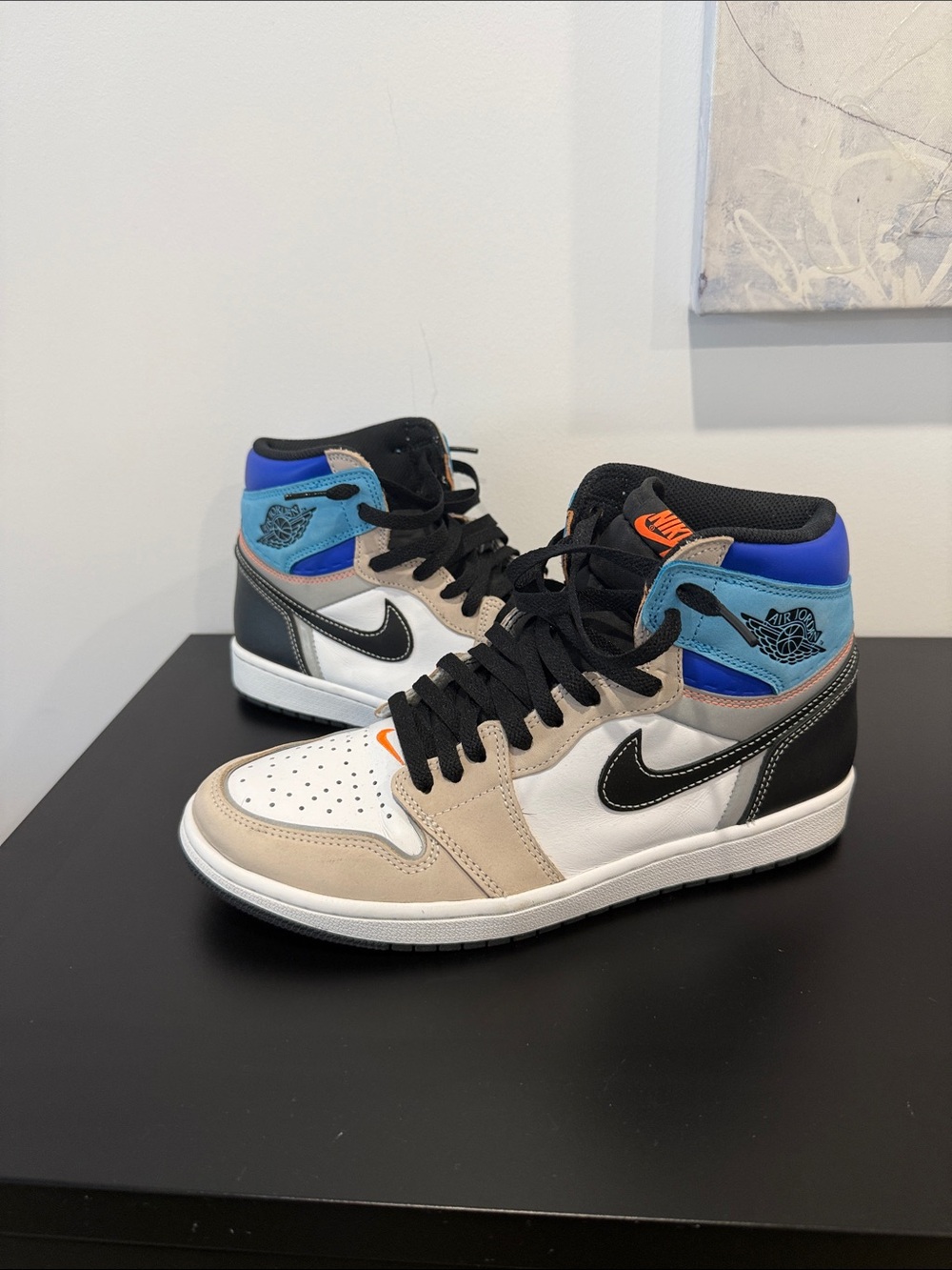 Nike Air Jordan 1 High Sneakers in White, Black & Blue with Tan Accents
